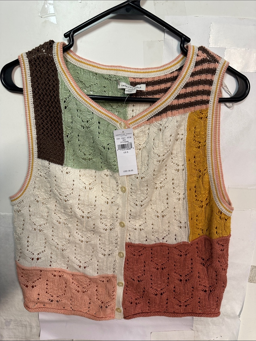 American Eagle Outfitters Multicolor Patchwork Knit Button-Front Vest size S